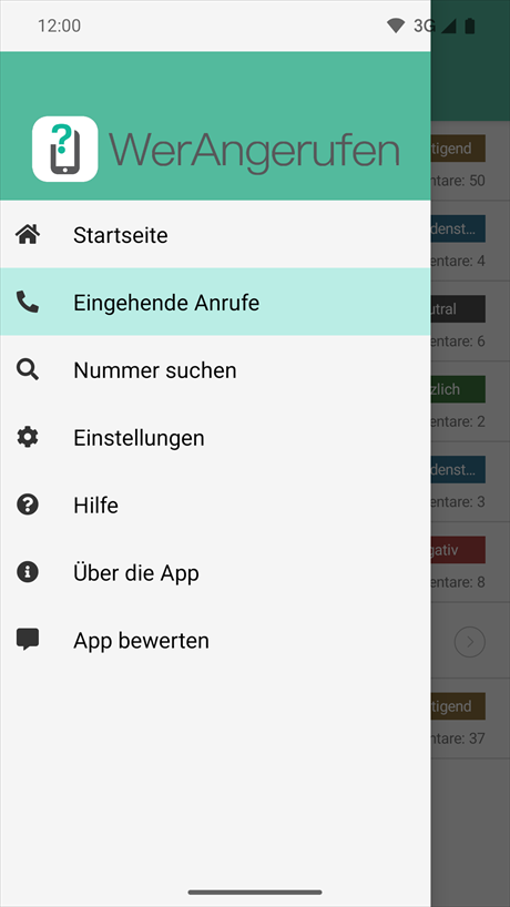 Menü der App