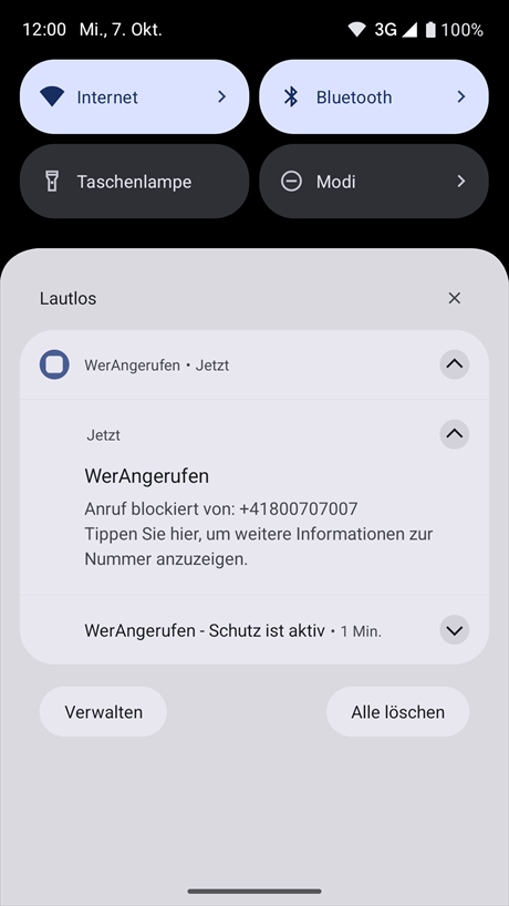 Benachrichtigung über die Blockierung einer Telefonnummer