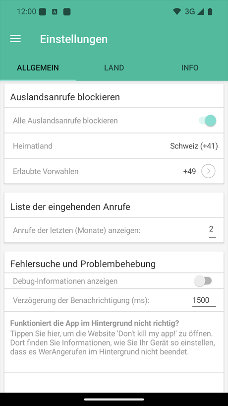 Einstellung der Blockierung von Auslandsanrufen und der Liste der eingehenden Anrufe