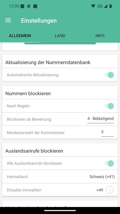 Einstellung der Datenbankaktualisierung und der Blockierung von Telefonnummern